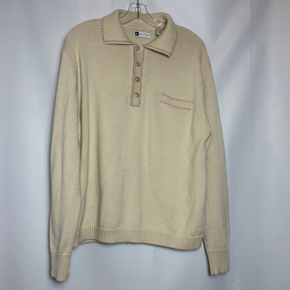 Mens Vintage Bachrach Cream Wool Blend‎ Knit Polo Sweater XL Grandpa 80s